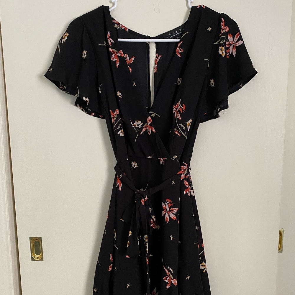 Macy’s black floral pattern dress.